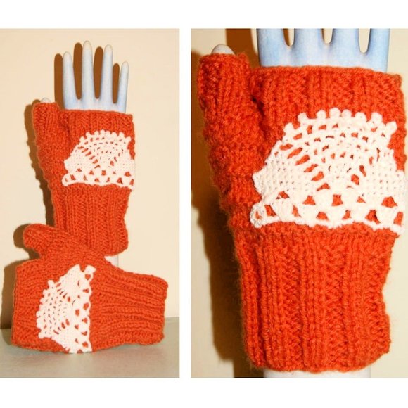 Fingerless Gloves Boot Cuffs & Twist Headband Set Hand Knit Pumpkin Burnt Orange - Picture 7 of 9